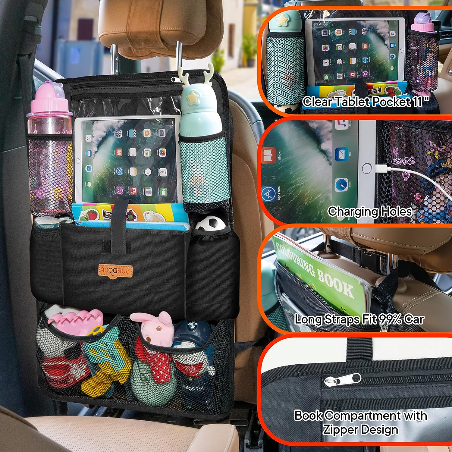 SURDOCA Car Organizers and Storage - Car Seat Organizer with 10.5-inch Clear Tablet Pocket, 4th Generation Backseat Car Organizer with 9 Pockets, Car Accessories for Kids, 2 Pack