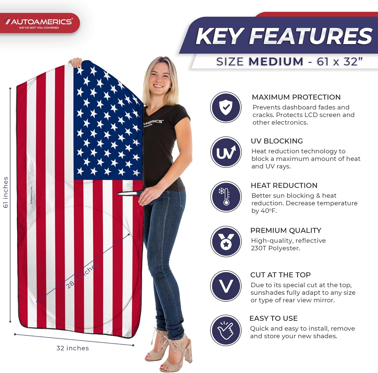 Autoamerics 1-Piece Windshield Sun Shade Original American Flag USA Patriotic  - Foldable Car Front Window Sunshade for Sedans SUV Truck - Blocks Max UV Rays and Keeps Your Vehicle Cool - Medium