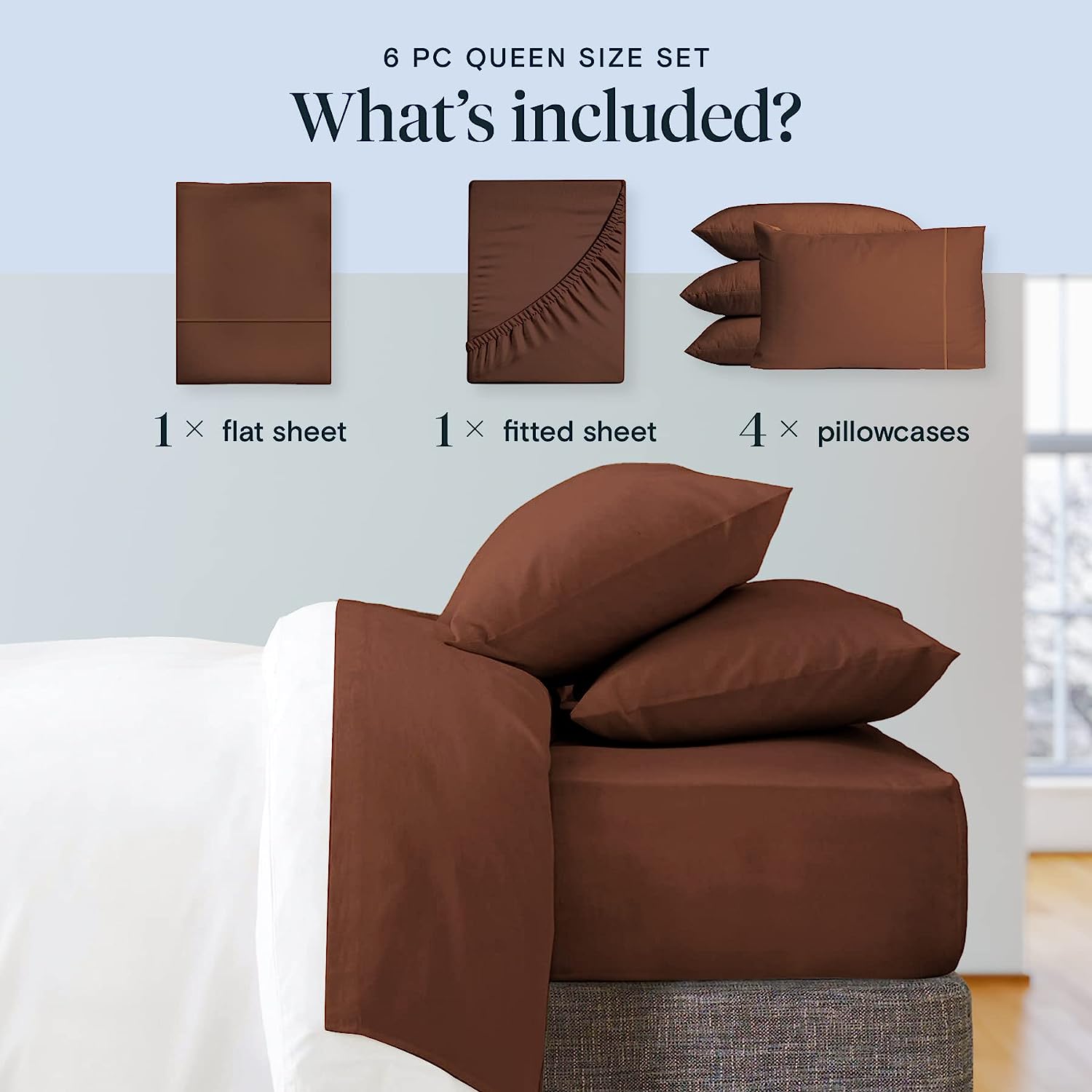 LuxClub 6 PC California King Size Sheet Set Bamboo Sheets Deep Pockets 18" Eco Friendly Wrinkle Free Cooling Sheets Machine Washable Hotel Bedding Silky Soft - Brown California King