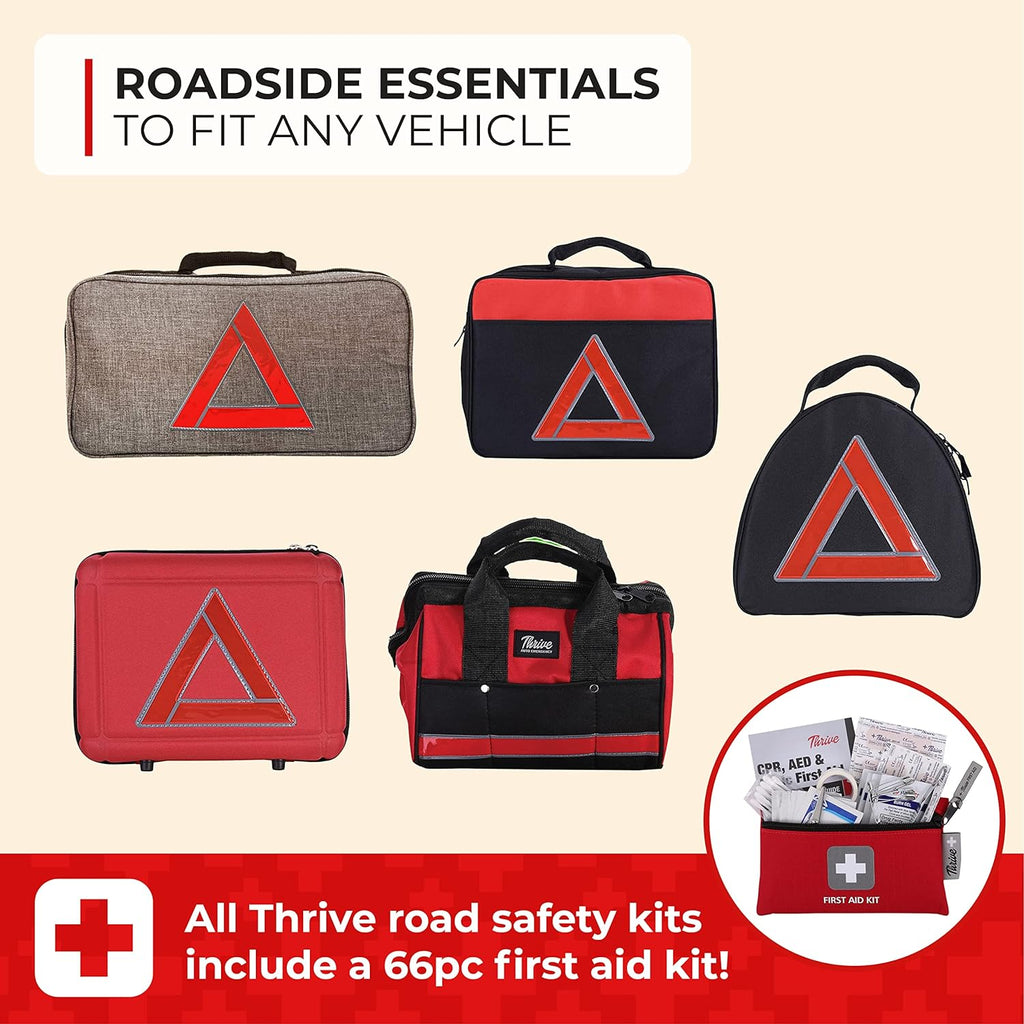Thrive Roadside Emergency Car Kit - Car Safety Accessories and Tool Kit with Jumper Cables and Mini First Aid Kit - Car Emergency Kit for Women and Men (Gray Bag)