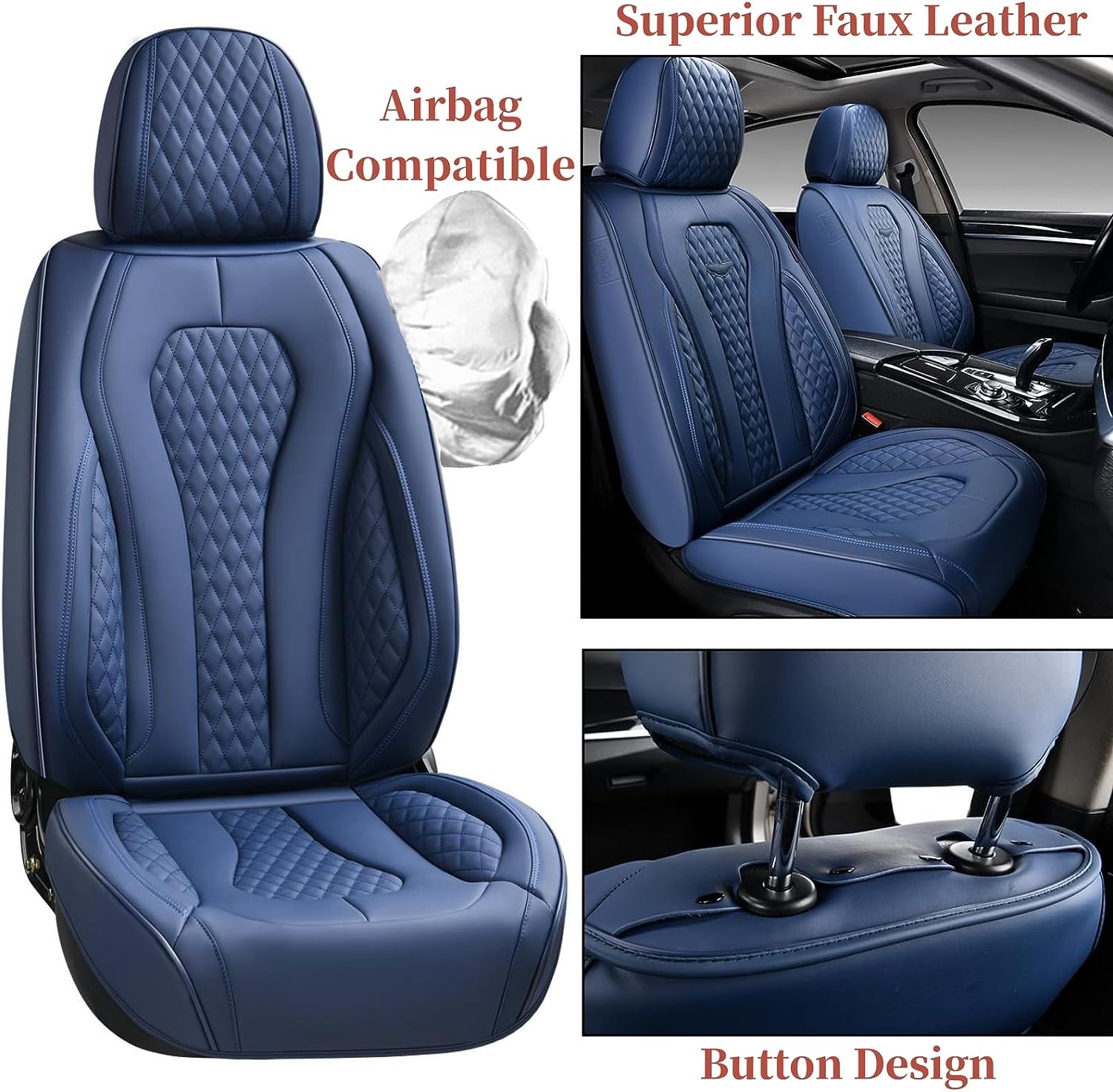 Coverado Leather Seat Covers Front, 2-Pack Universal Seat Covers for Cars, Waterproof Luxury Leatherette Car Seat Cushions, Auto Car Seats Protectors, Driver Seat Covers Fit for Most Vehicles Blue