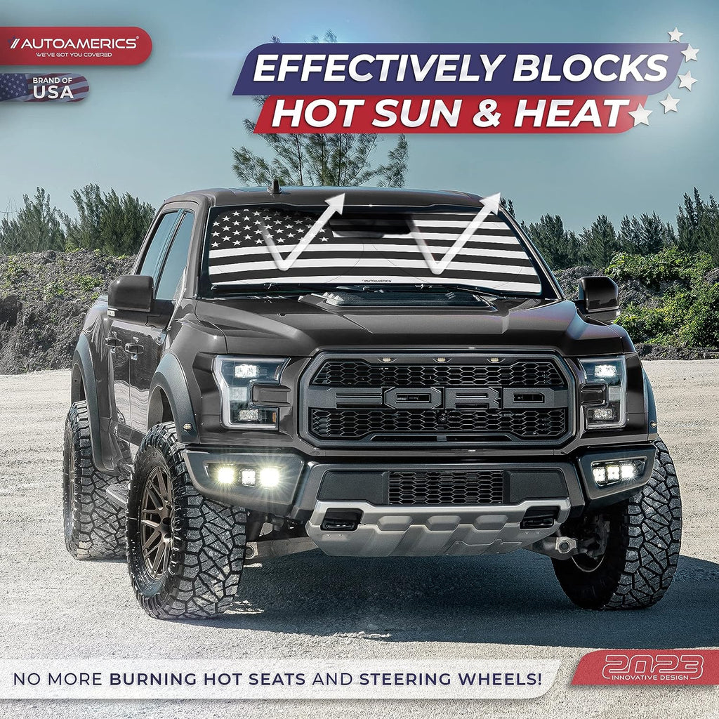 Autoamerics 1-Piece Windshield Sun Shade B&amp;W American Flag USA Patriotic  - Foldable Car Front Window Sunshade for Most Sedans SUV Truck - Blocks Max UV Rays and Keeps Your Vehicle Cool - Medium