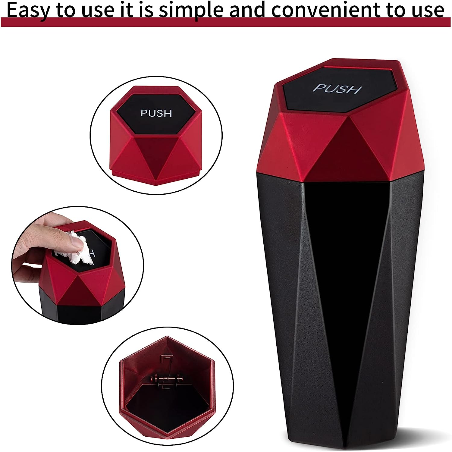JUSTTOP Car Trash Can with Lid, Diamond  Small Automatic Portable Trash Can, Easy to Clean, Used in Car Home Office (Red)