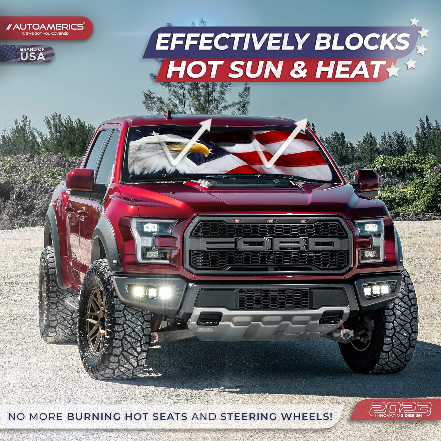 Autoamerics 1-Piece Windshield Sun Shade American Eagle Flag - 3 USA Patriotic  - Foldable Car Front Window Sunshade for Sedans SUV Truck - Blocks Max UV Rays and Keeps Your Vehicle Cool Medium