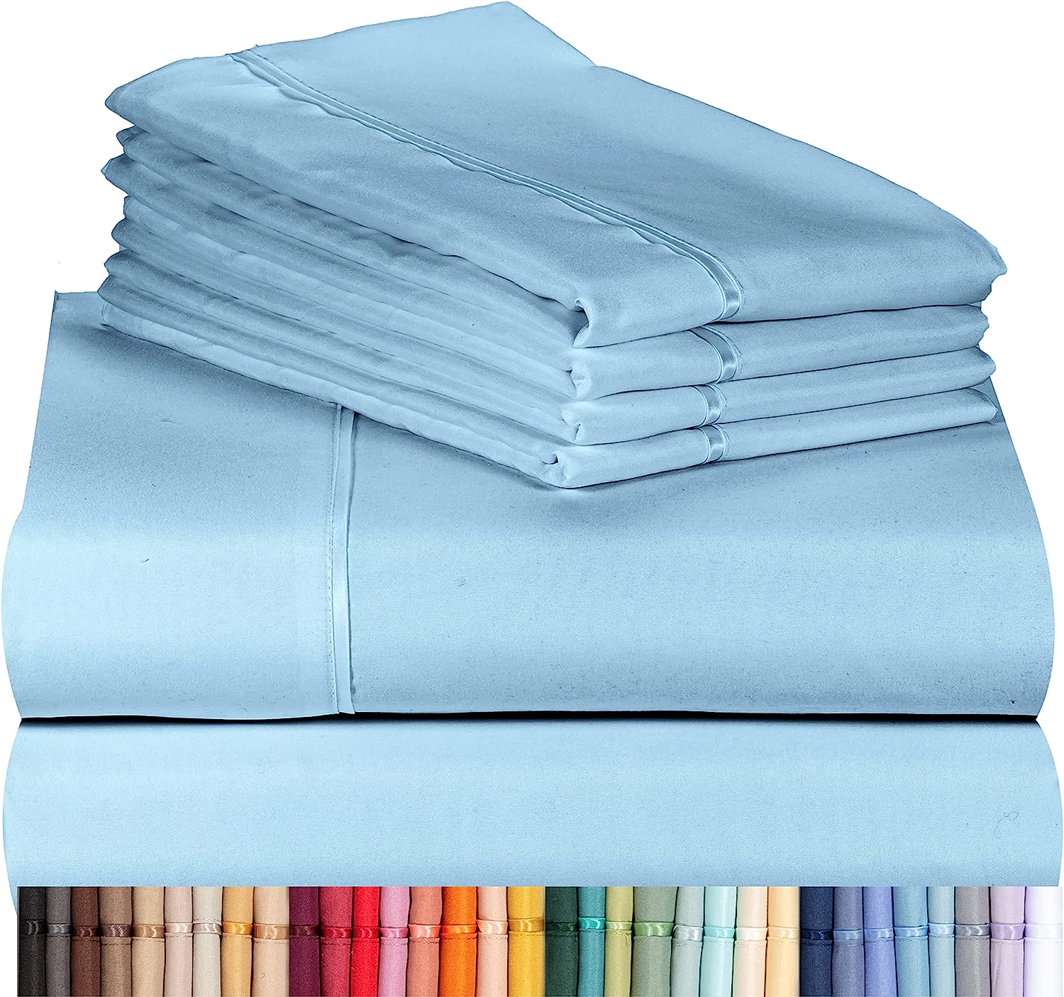 LuxClub 7 PC Split King Sheet Set Bamboo Sheets Deep Pockets 18" Eco Friendly Wrinkle Free Cooling Sheets Machine Washable Hotel Bedding Silky Soft - Sky Split King