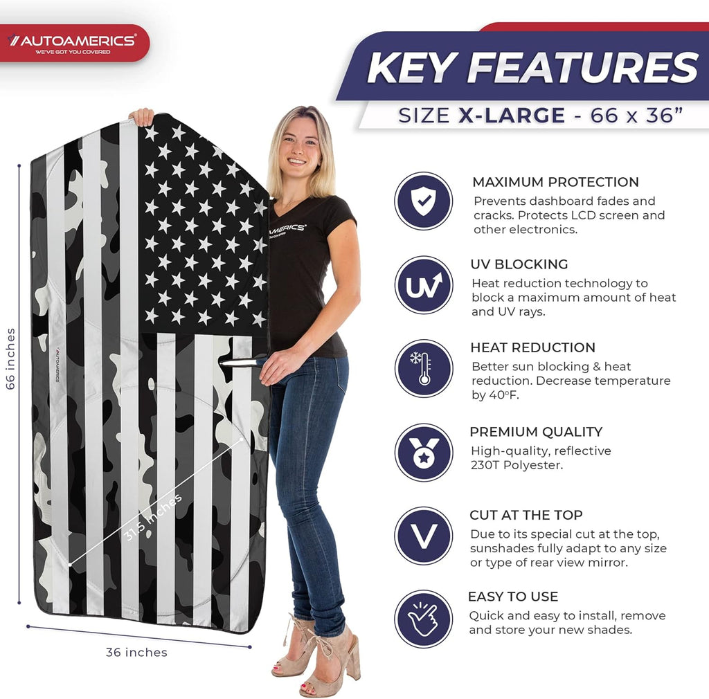 Autoamerics 1-Piece Windshield Sun Shade B&amp;W Camo American Flag USA  - Foldable Car Front Window Sunshade for Most Sedans SUV Truck - Blocks Max UV Rays and Keeps Your Vehicle Cool - X-Large