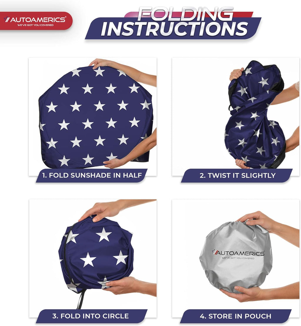 Autoamerics 1-Piece Windshield Sun Shade American Stars Flag USA Patriotic  - Foldable Car Front Window Sunshade for Sedans SUV Truck - Blocks Max UV Rays and Keeps Your Vehicle Cool - Small