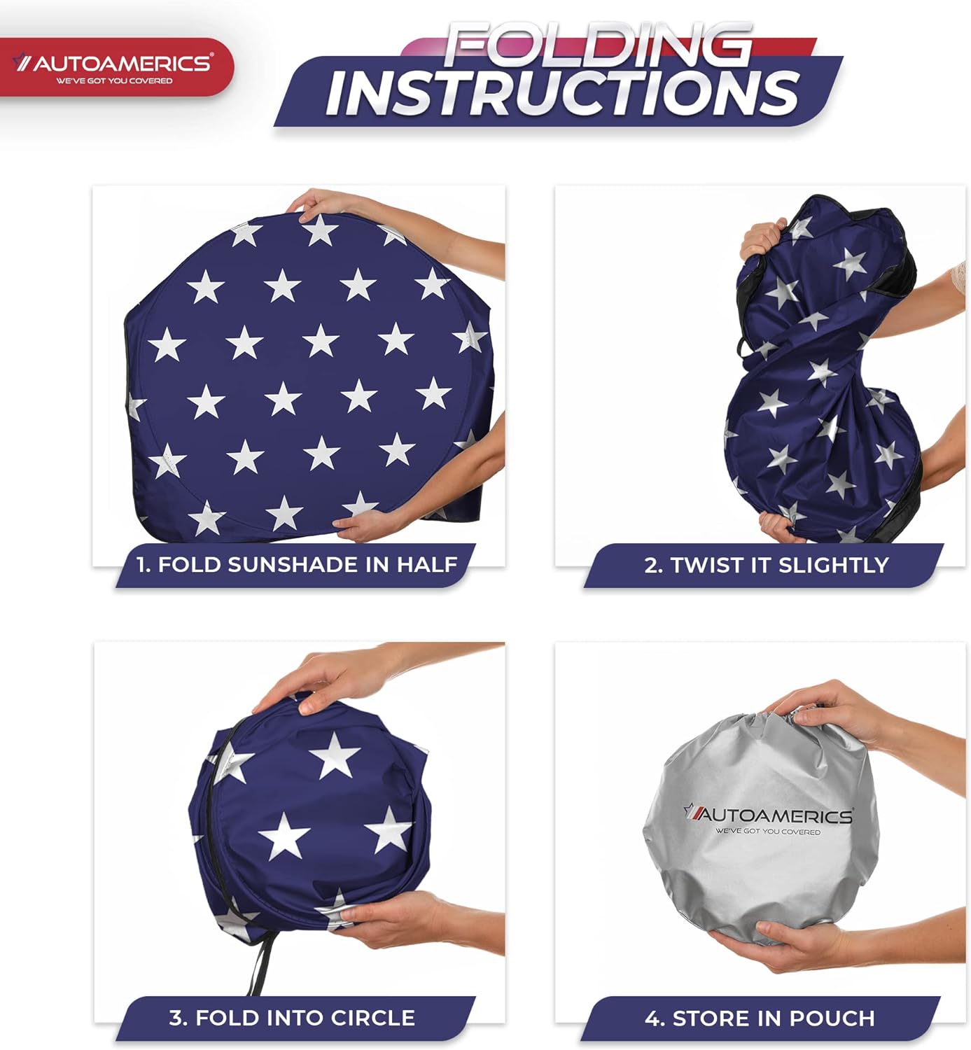 Autoamerics 1-Piece Windshield Sun Shade American Stars Flag USA Patriotic  - Foldable Car Front Window Sunshade for Sedans SUV Truck - Blocks Max UV Rays and Keeps Your Vehicle Cool - Small