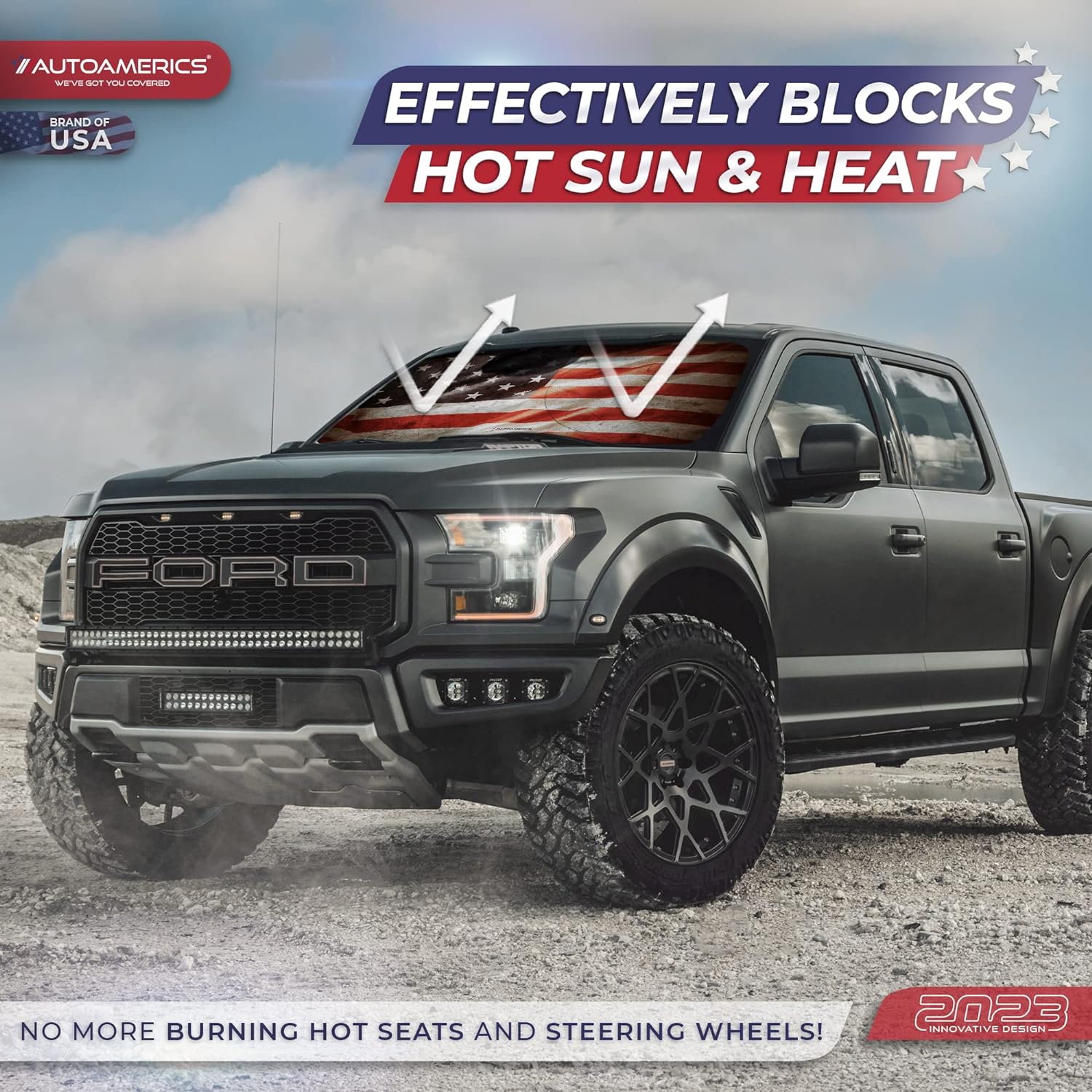 Autoamerics 1-Piece Windshield Sun Shade Grunge American Flag - 1 USA  - Foldable Car Front Window Sunshade for Most Sedans SUV Truck - Blocks Max UV Rays and Keeps Your Vehicle Cool - Medium