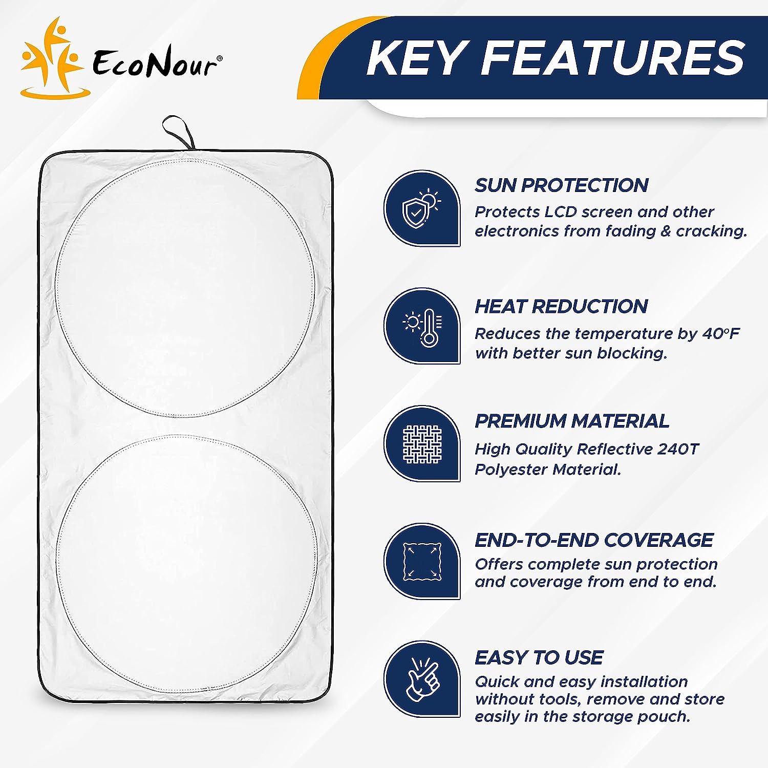 EcoNour Car Shade Front Windshield | Windshield Dash Protector for Maximum UV Rays and Sun Heat Protection | Sun Visor Car Interior Accessory for Cooler Interior | Medium Plus (64 x 34 inches)