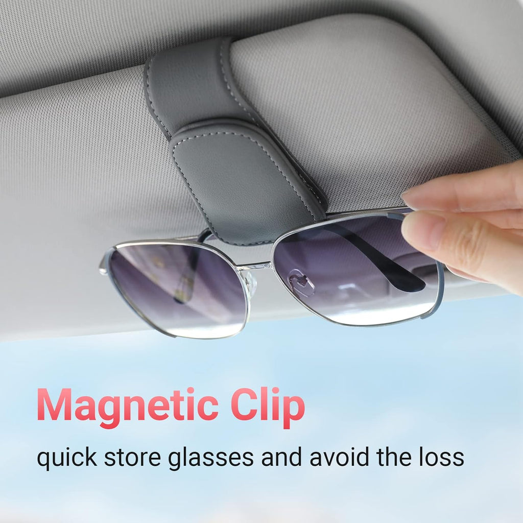 KanSmart Sunglass Holder for Car Visor Sunglasses Clip Magnetic Leather Glasses Eyeglass Holder Auto Interior Accessories Universal for SUV Pickup Truck -Gray