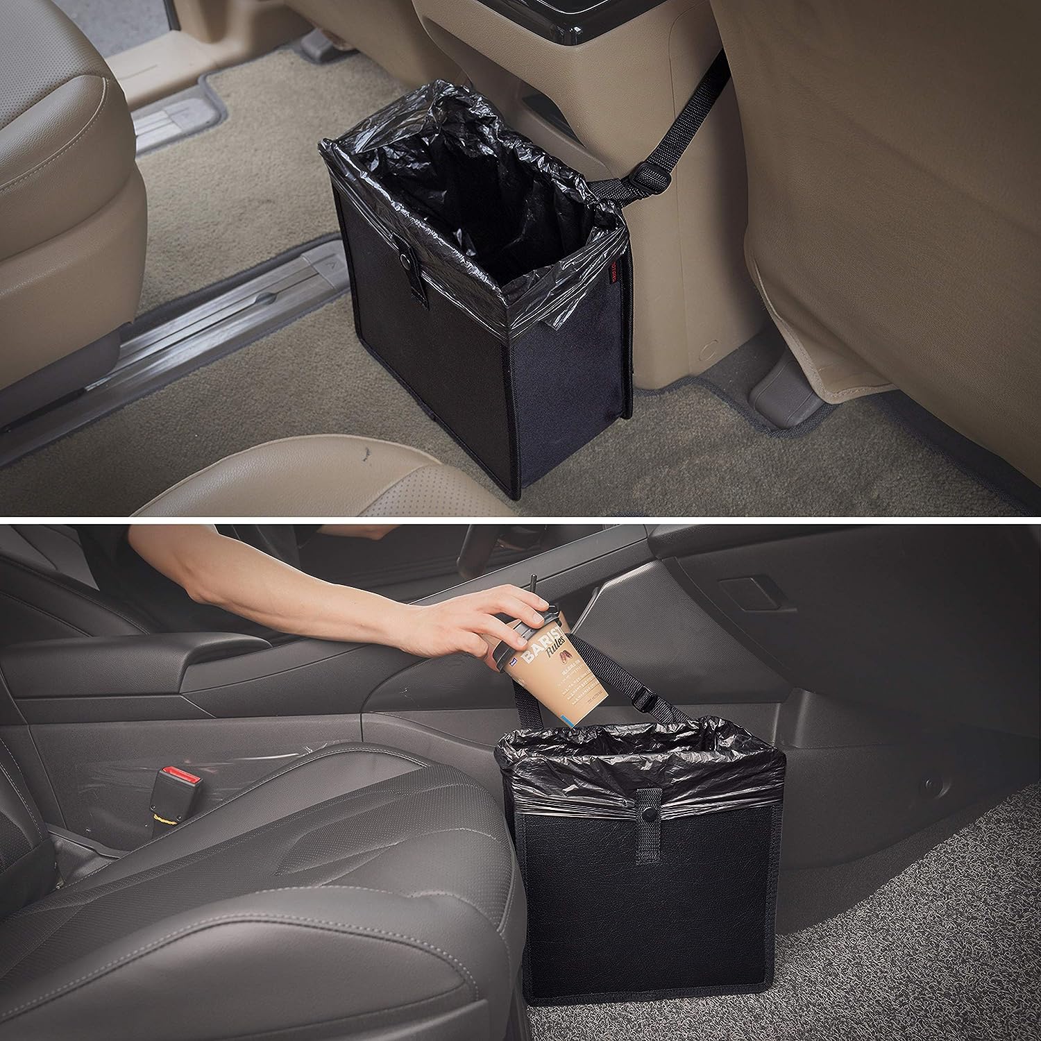 KMMOTORS Foldable Hanging Car Trash Can, Trash Bag, Trash bin, Vegan Leather and Oxford Clothes Car Organizer, Cute car Gadgets (Large, Black)