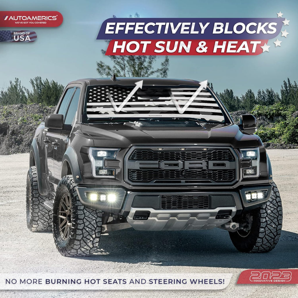 Autoamerics 1-Piece Windshield Sun Shade B&amp;W Camo American Flag USA  - Foldable Car Front Window Sunshade for Most Sedans SUV Truck - Blocks Max UV Rays and Keeps Your Vehicle Cool - Large