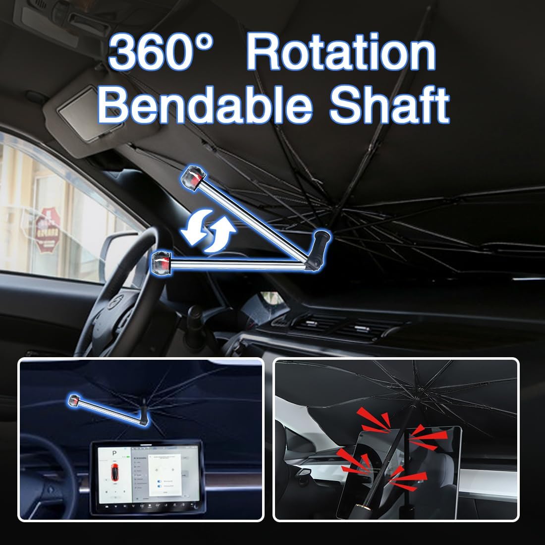 Windshield Sun Shade with 360° Rotating Shaft -Upgraded Car Sunshade with Window Breaker, Car Umbrella Sun Shade Cover for UV Protection