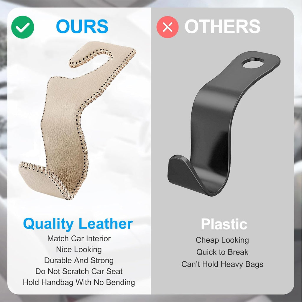 EldHus Seat Hooks for Purses and Bags, 2 Pack Car Purse Holder for Grocery Bag Handbag Clothes, Metal Headrest Hooks Covered by Leather, Beige