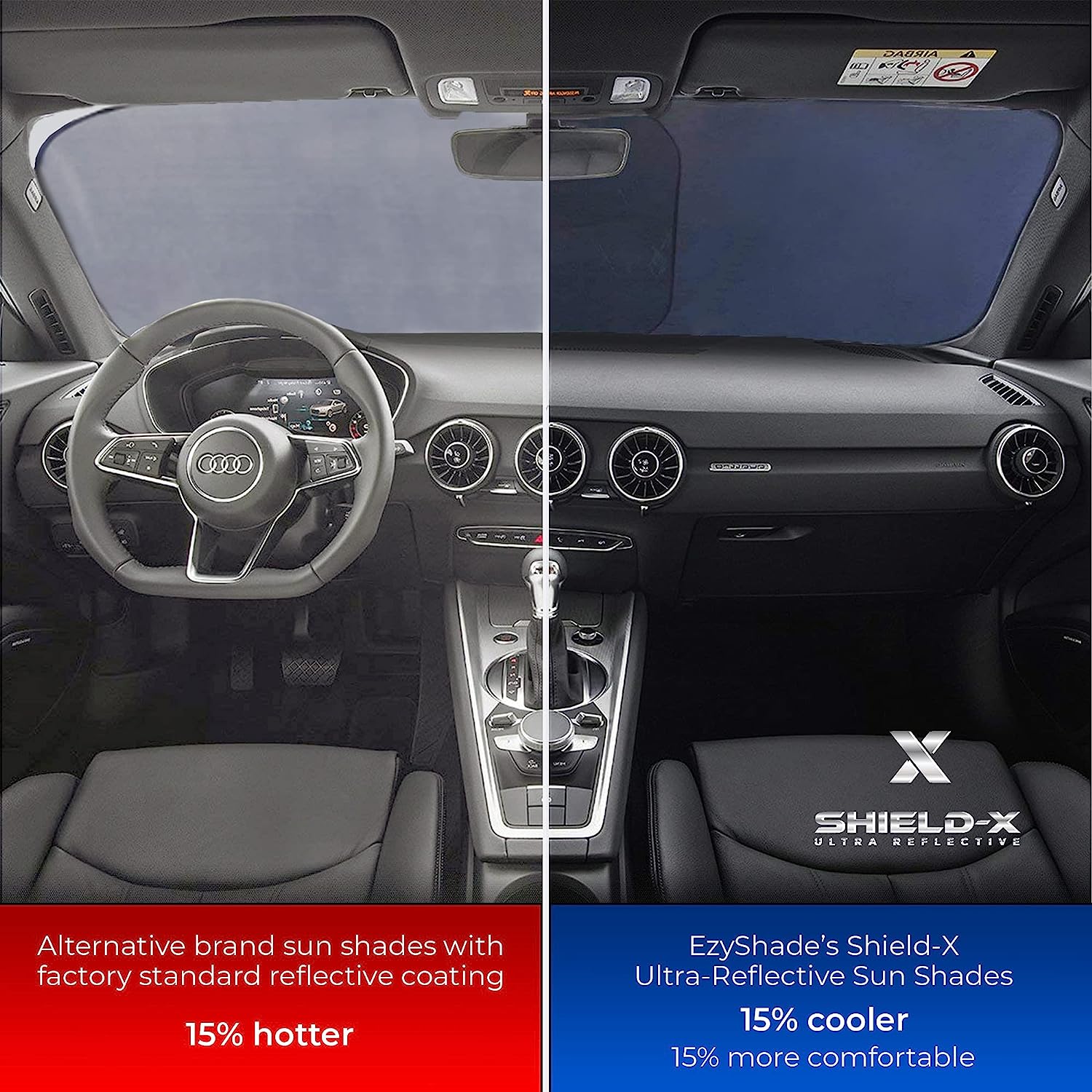 EzyShade Windshield Sun Shade with Shield-X Reflective Technology. See Vehicle Size-Chart. Foldable Car Sunshade for Front Windshield Window Car SUV Van Truck. Sun Visor Heat Shield. Sports (S) Size
