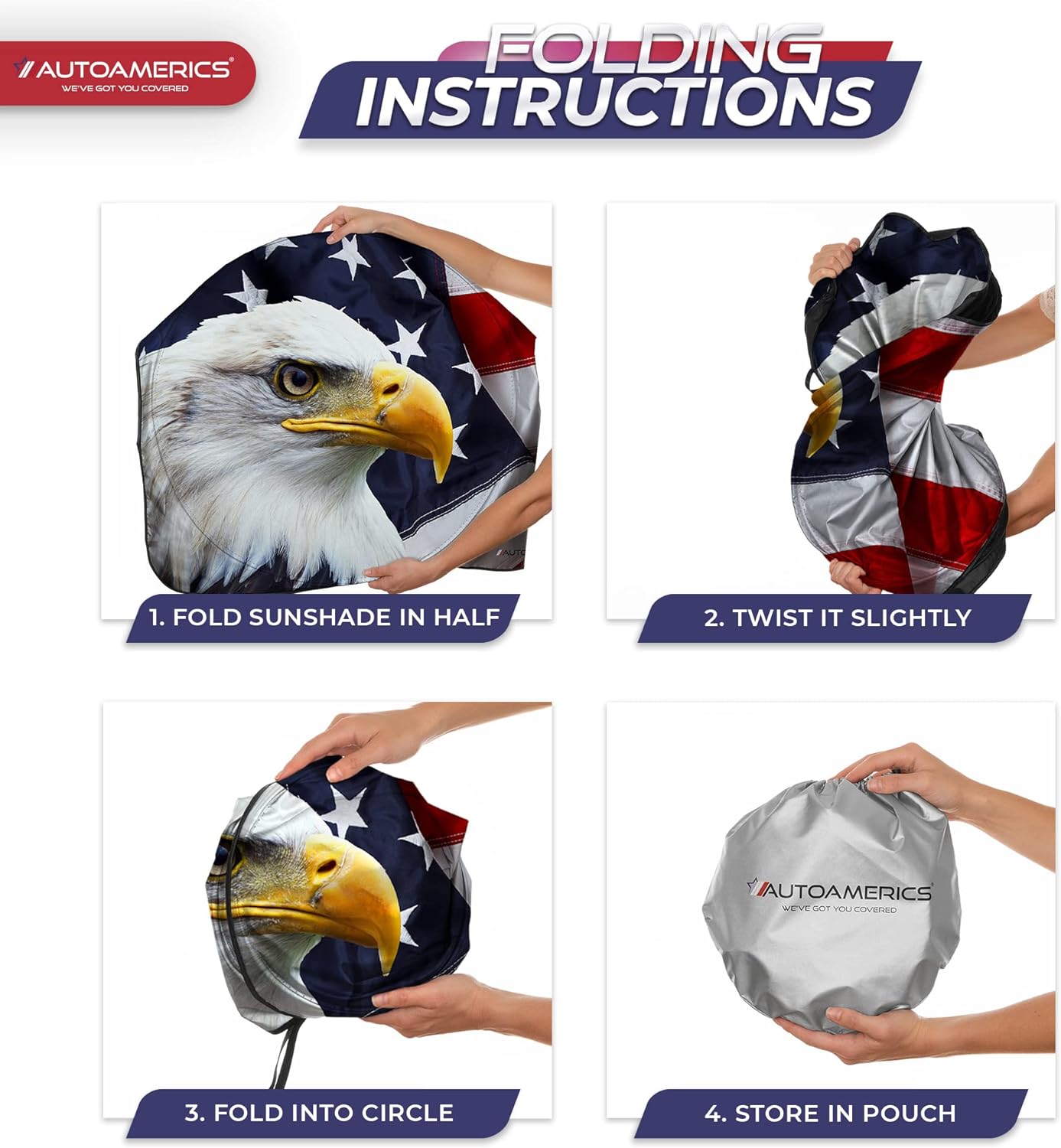 Autoamerics 1-Piece Windshield Sun Shade American Eagle Flag - 3 USA Patriotic  - Foldable Car Front Window Sunshade for Sedans SUV Truck - Blocks Max UV Rays and Keeps Your Vehicle Cool X-Large