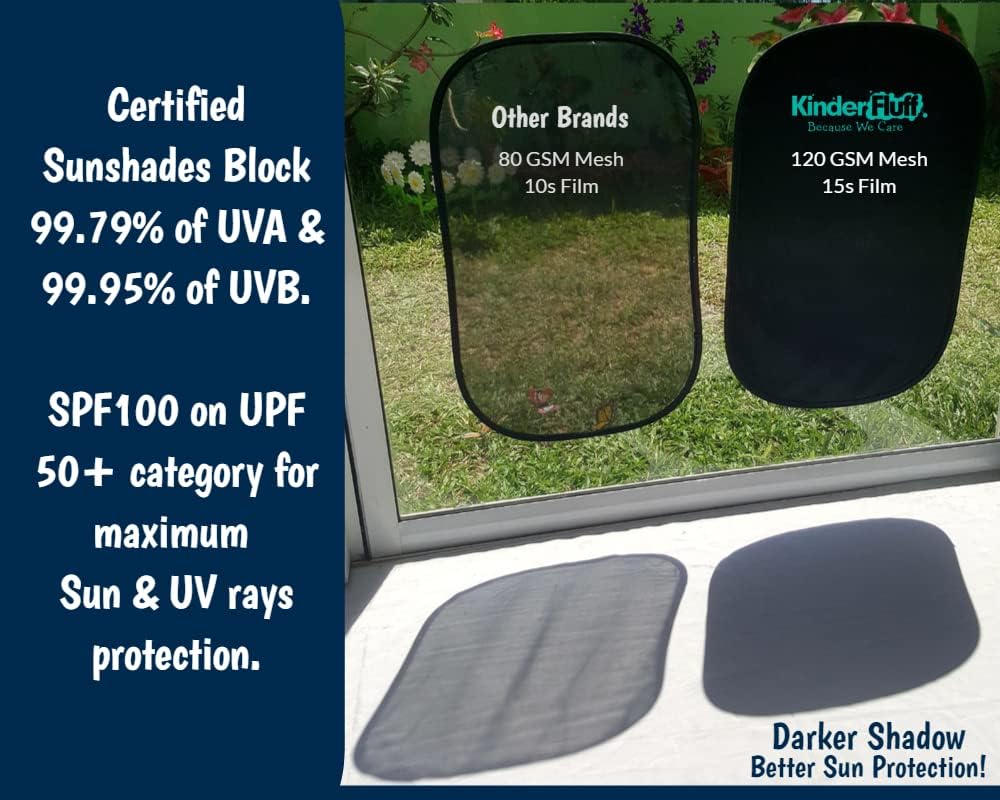 Kinder Fluff Car Window Shades (4X) - The Only Certified Sun Shade Blocking 99.95% UVR - Award Winning for Baby, Automotive Sunshades For Van, SUV &amp; Aircraft Pilot - XL