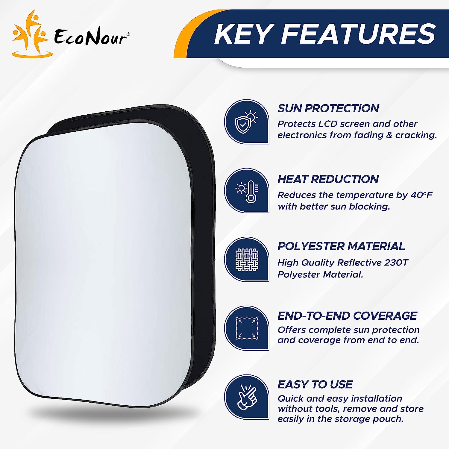 EcoNour 2-Piece Foldable Spring RV Windshield Sunshade, Reflective 230T Nylon Keeps Your RV Cool, Front RVs, Trucks, Motorhomes, Large Bus, Large Side Window, XXL (Each 41.5 in x 50 in)
