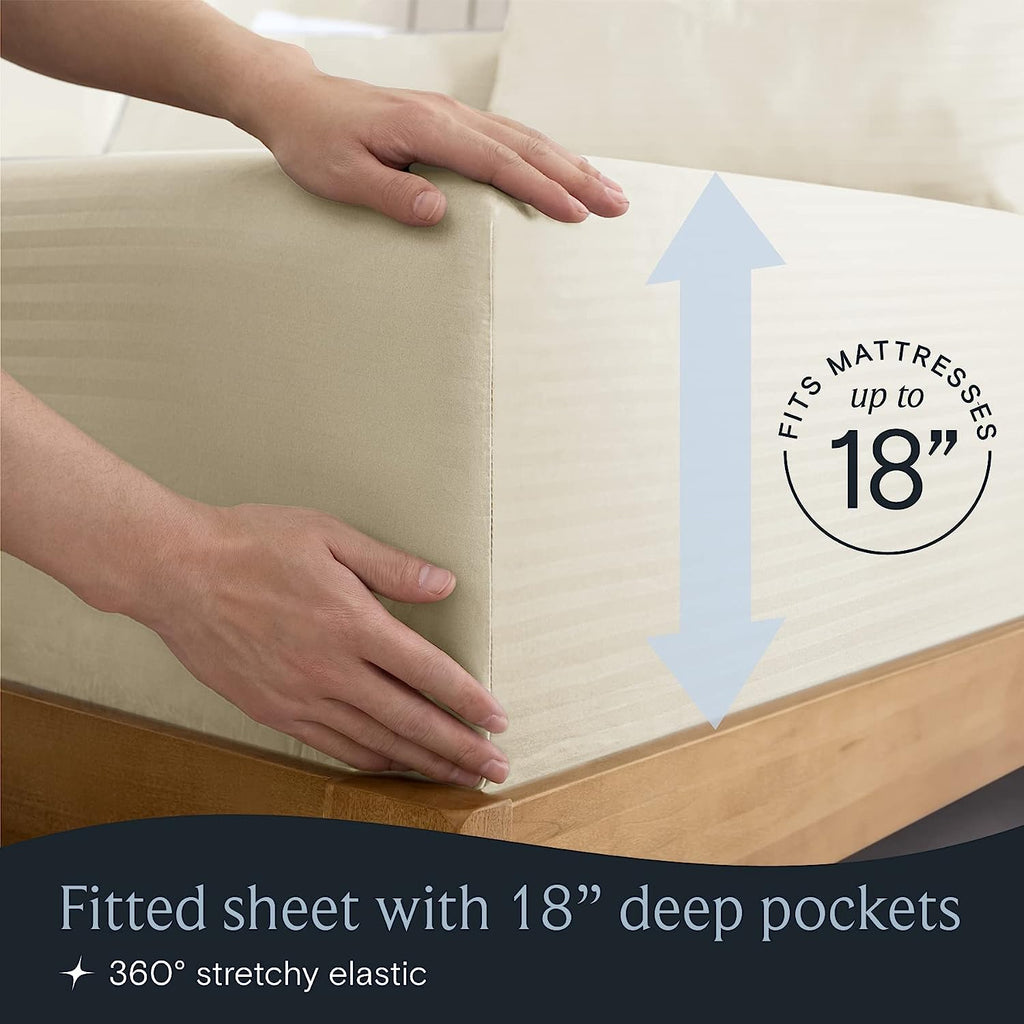 LuxClub Striped Sheets Set, 7 PC Striped Bed Sheets Split King Size, Deep Pockets 18" Eco Friendly Wrinkle Free Cooling Sheets Machine Washable Hotel Bedding Silky Soft (Split King, Striped Cream)