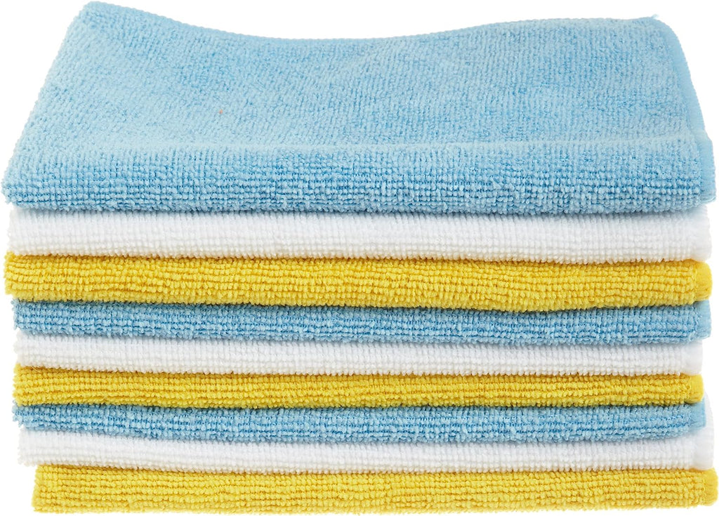 Amazon Basics Microfiber Cleaning Cloth, Non-Abrasive, Reusable and Washable, Pack of 36, Blue/White/Yellow, 16" x 12"