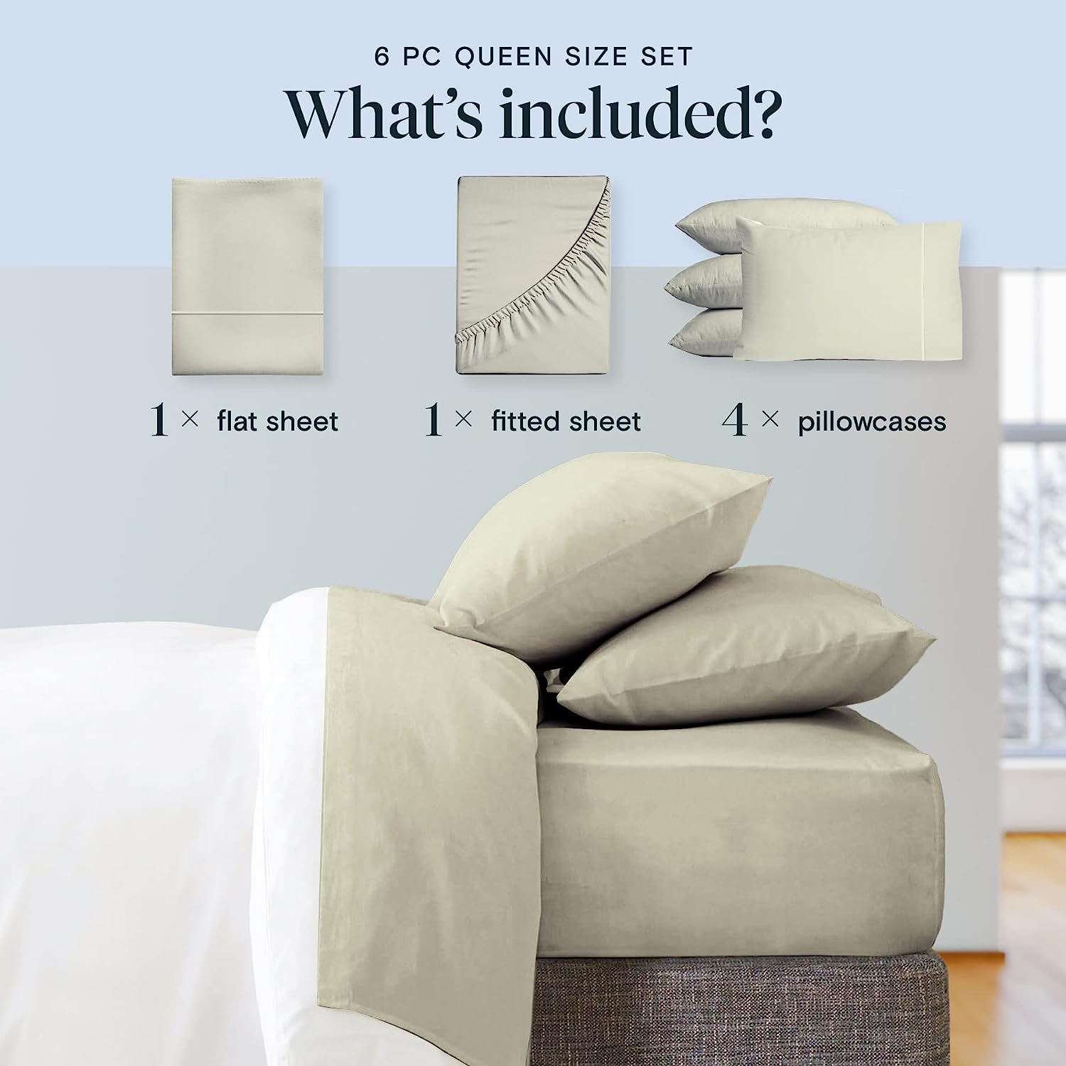 LuxClub 6 PC Queen Sheet Set Bamboo Sheets Deep Pockets 18" Eco Friendly Wrinkle Free Cooling Sheets Machine Washable Hotel Bedding Silky Soft - Light Taupe Queen
