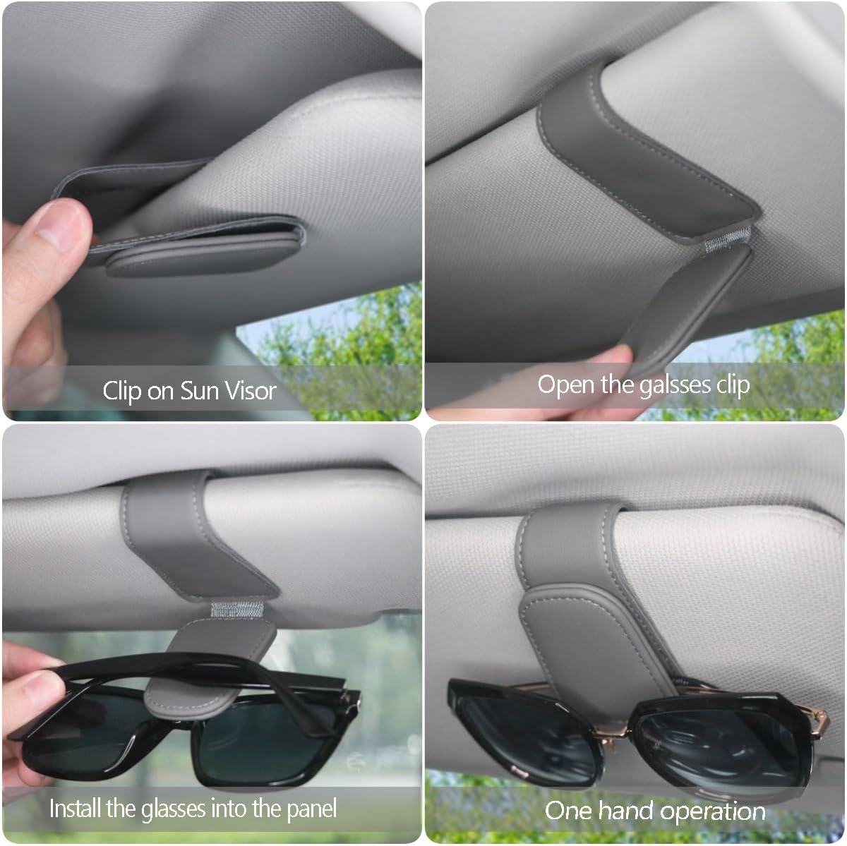 CHOSMOYI Magnetic Leather Sunglass Holder for Car, Sunglasses Clip for Car Visor, Auto Interior Accessories Universal for Different Size Eyeglasses (Grey)
