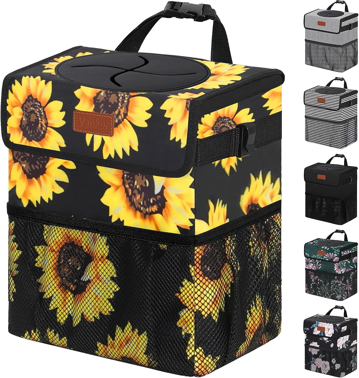 Vankor Cute Trash Can for Automotive Car, Trash Bag Bin Hanging Waterproof Leak Proof Vehicle Garbage Cans Sunflower