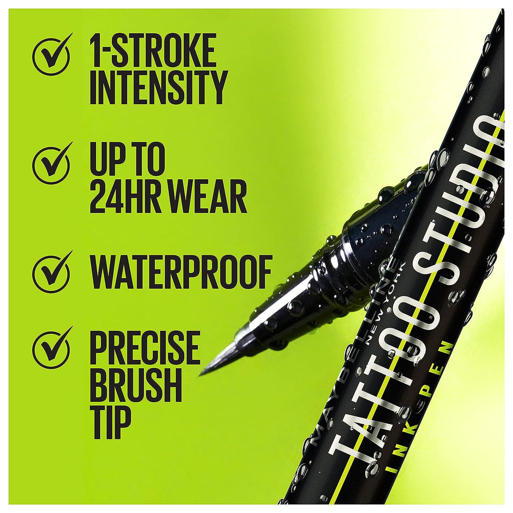 Maybelline Sky High Waterproof Mascara Makeup, Very Black + Maybelline New York Tattoo Studio Ink Pen Eyeliner Jet Black Bundle