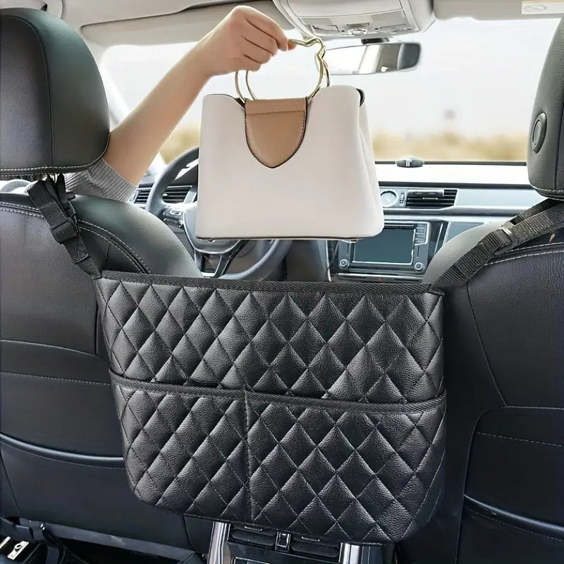 Car Purse Handbag Holder Between Seats, Leather Car Seat Back Organizer With 3 Pockets, LarCapacity StoraBag