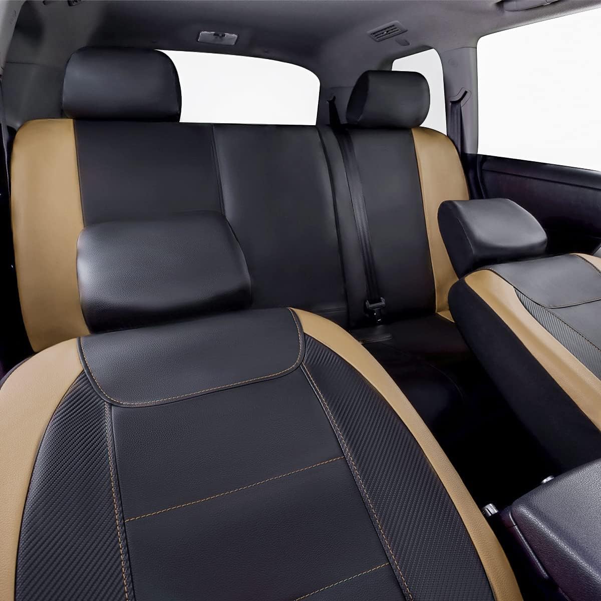 Flying Banner car seat Covers Protects Water Proof Faux Leather Carbon Fiber Front and Rear Bench (Black Beige, Full Set - 8PCS)