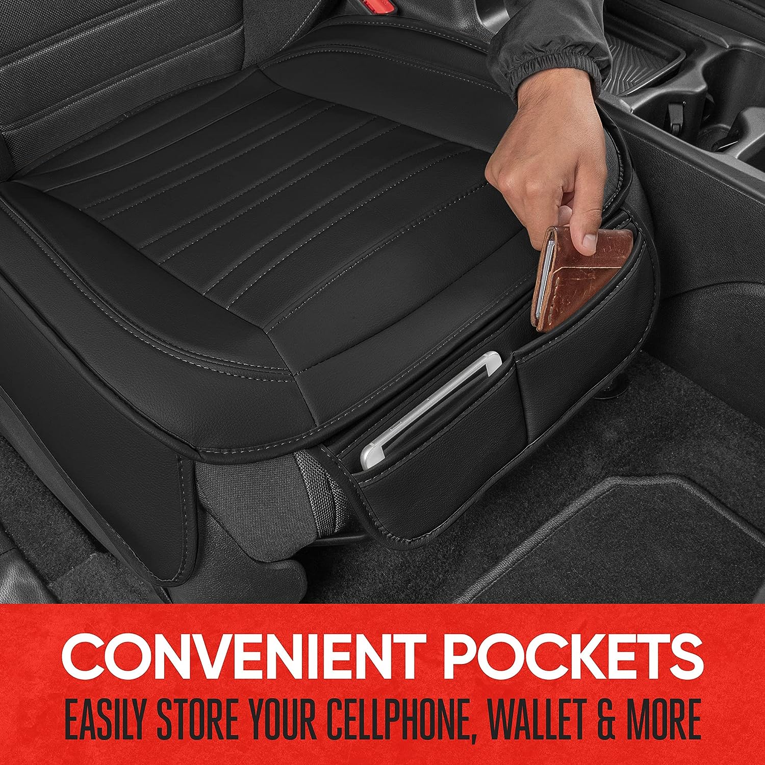 Motor Trend Black Faux Leather Car Seat Cover for Front Seats, 1-Piece Padded Car Seat Protector with Storage Pockets, Premium Interior Cover for Cars Truck SUV Auto