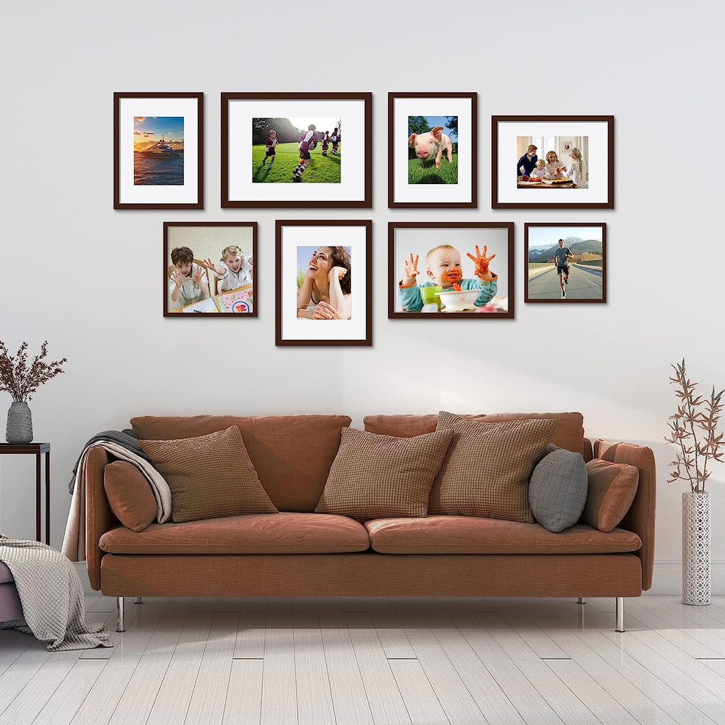 upsimples 8x10 Picture Frame Set of 5,Display Pictures 5x7 with Mat or 8x10 Without Mat,Wall Gallery Photo Frames, Brown