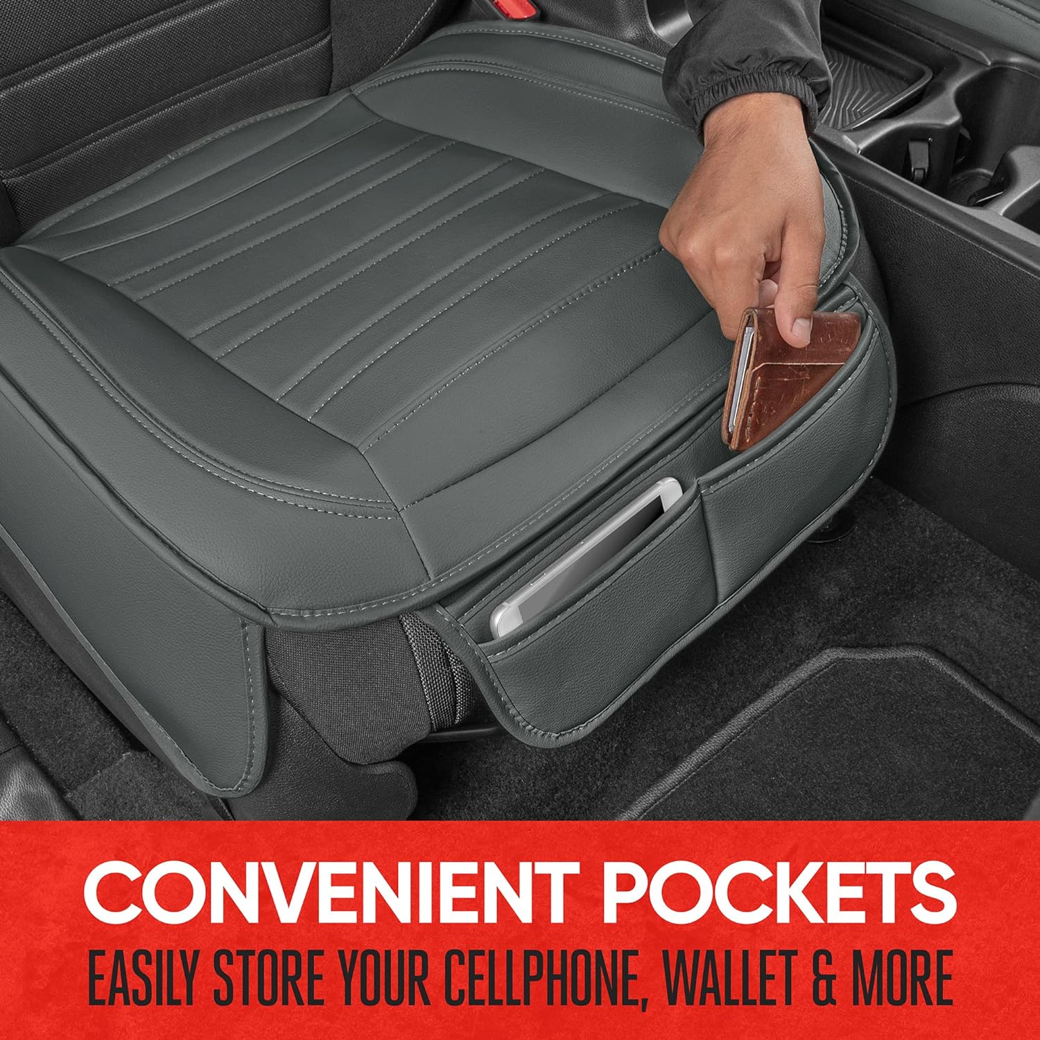 Motor Trend Seat Covers for Cars Trucks SUV, Faux Leather Full Set Gray Padded Car Seat Covers with Storage Pockets, Premium Interior Car Seat Cover