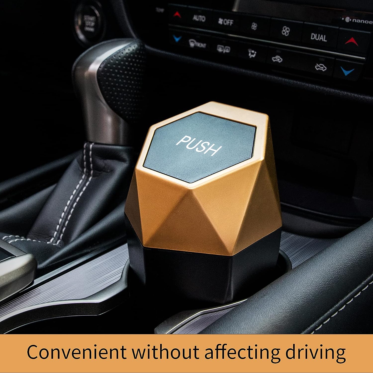 JUSTTOP Car Trash Can with Lid, Diamond  Small Automatic Portable Trash Can, Easy to Clean, Used in Car Home Office Interior Accessories, 2PCS(Gold)