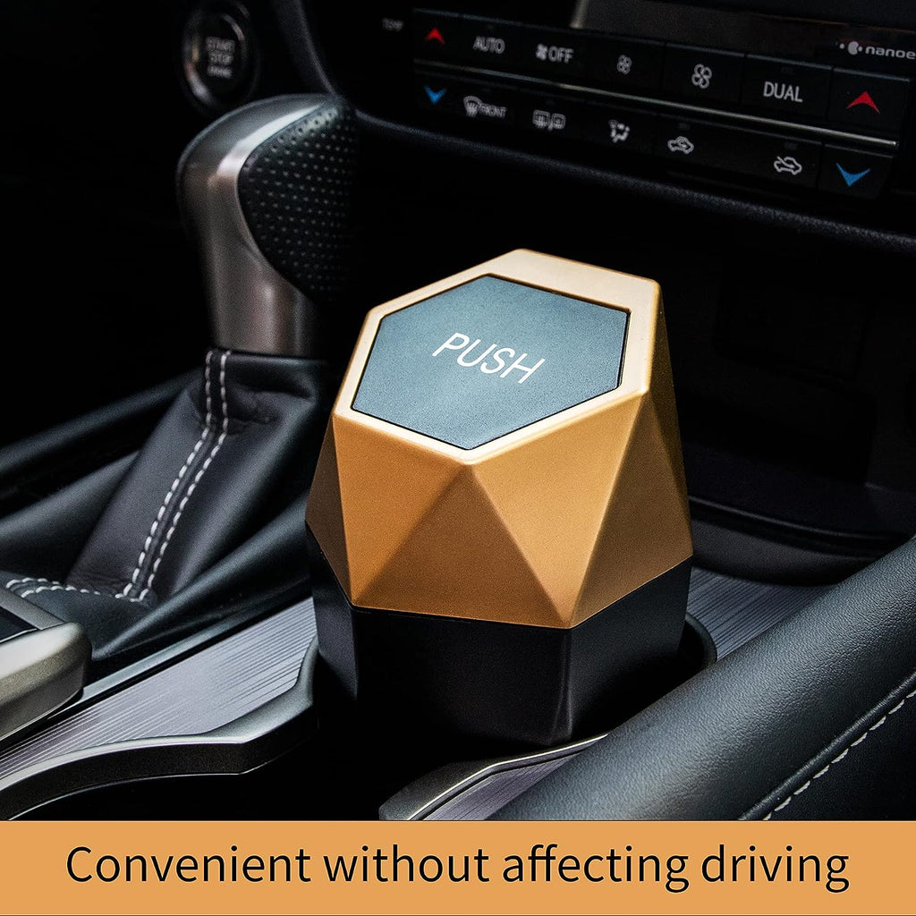 JUSTTOP Car Trash Can with Lid, Diamond  Small Automatic Portable Trash Can, Easy to Clean, Used in Car Home Office (Gold)