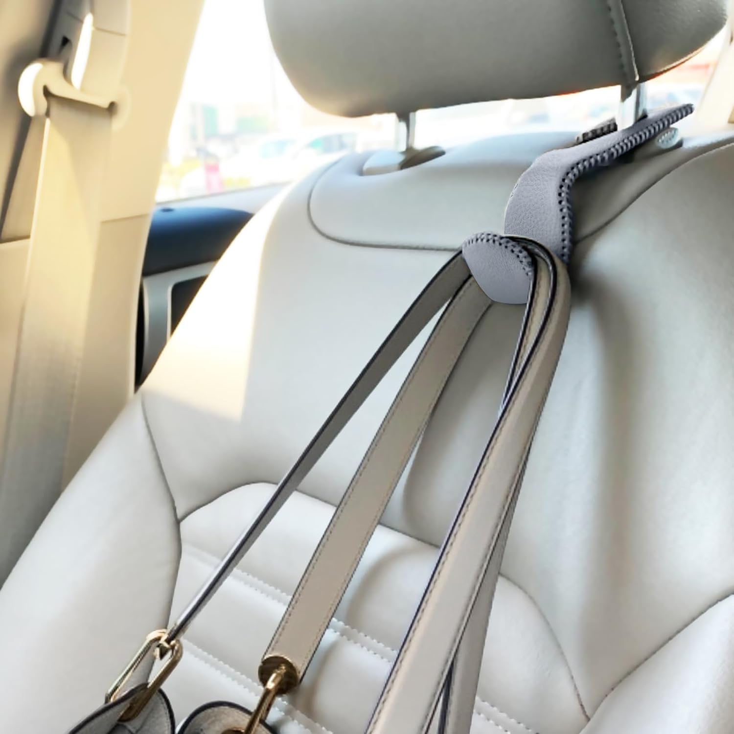 EldHus Seat Hooks for Purses and Bags, 4 Pack Car Purse Holder for Grocery Bag Handbag Clothes, Metal Headrest Hooks Covered by Leather, Grey