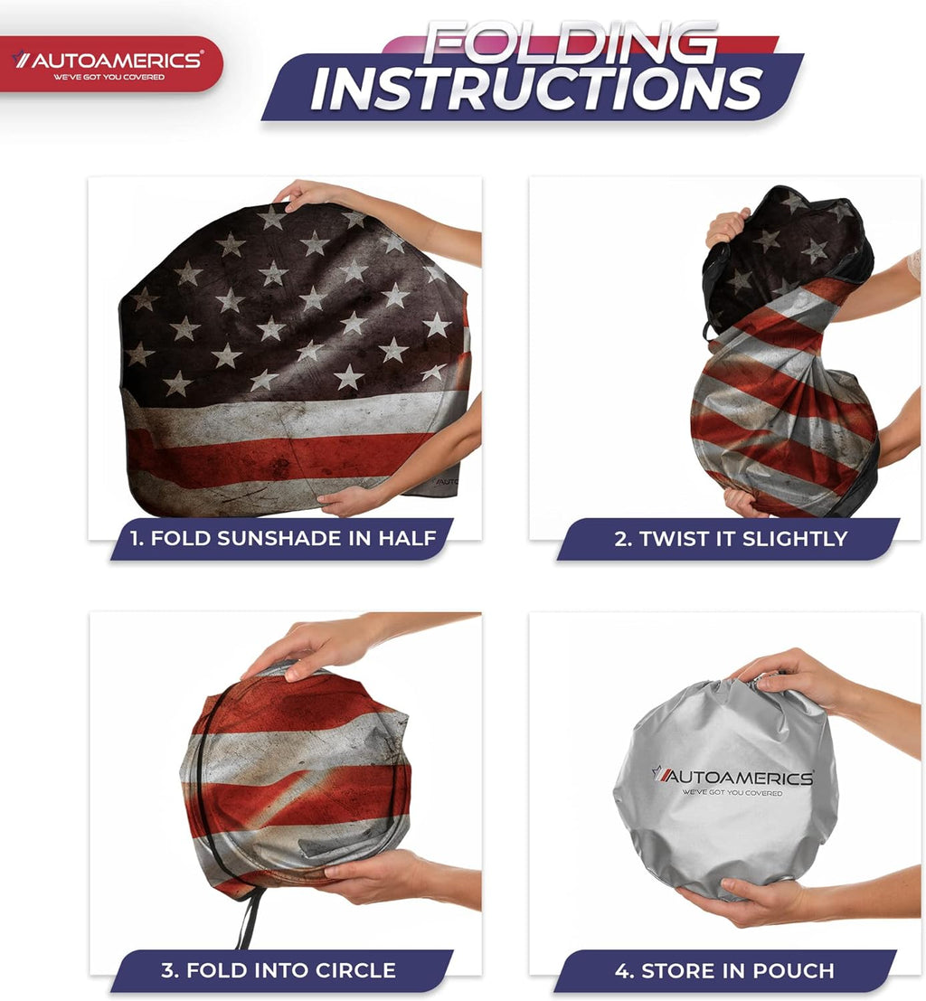 Autoamerics 1-Piece Windshield Sun Shade Grunge American Flag - 1 USA  - Foldable Car Front Window Sunshade for Most Sedans SUV Truck - Blocks Max UV Rays and Keeps Your Vehicle Cool - Small