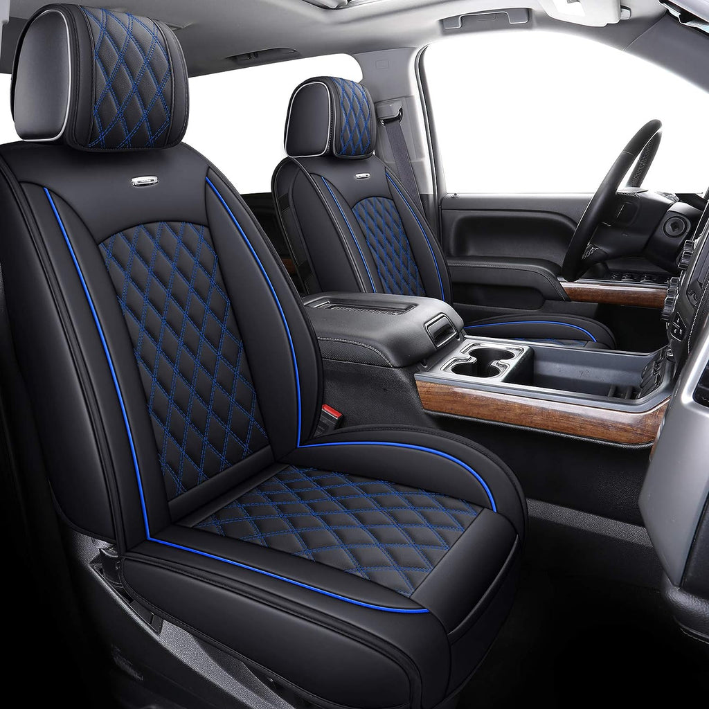 Aierxuan Seat Covers for 2007-2024 GMC Sierra Chevy Chevrolet Silverado 1500 2500HD 3500HD Trail Boss Z71 Crew Double Extended Cab Waterproof Leather Truck Pickup Cuchion(Full Set, Black-Blue)