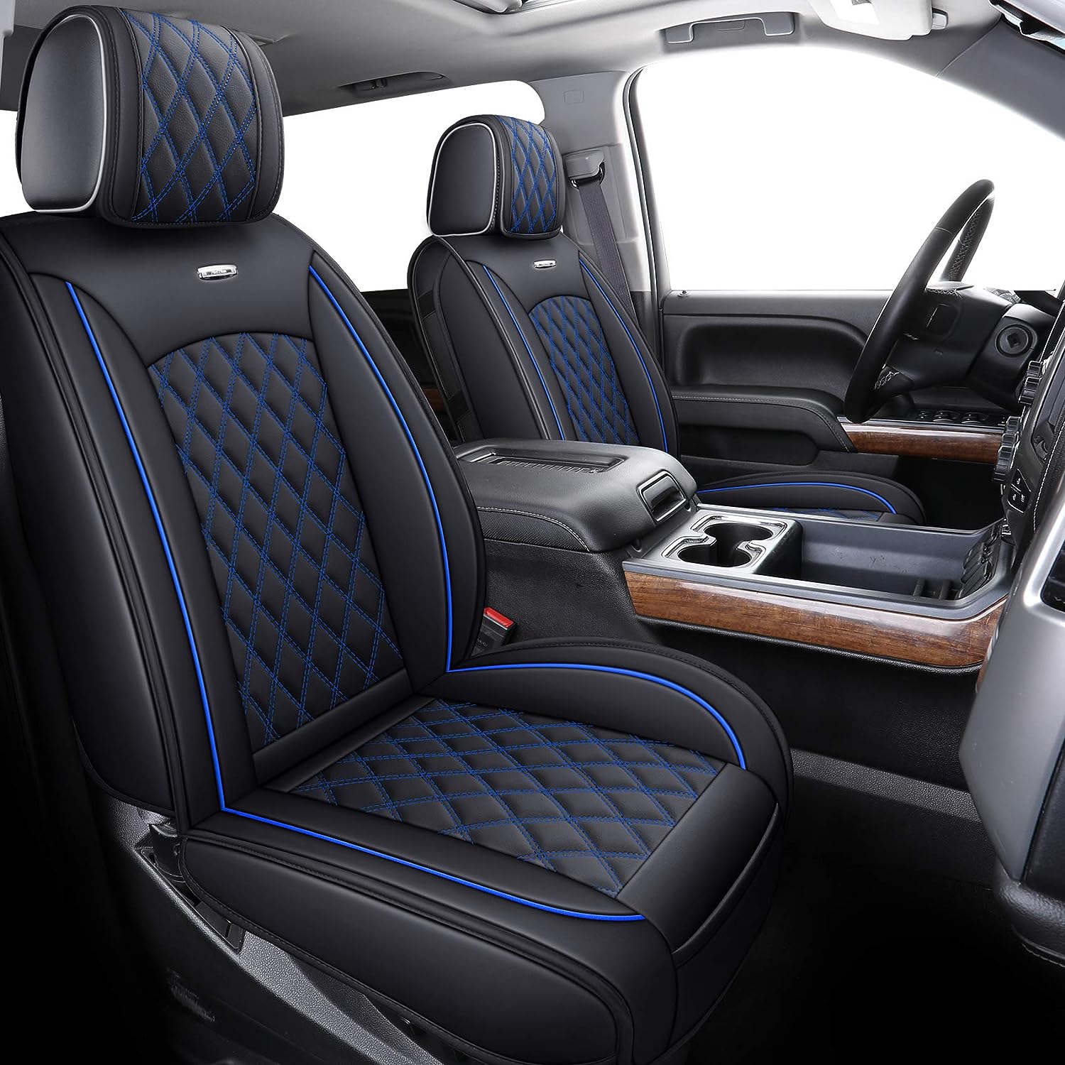 Aierxuan Chevy Silverado GMC Sierra Car Seat Covers Pickup Trail Boss Z71 Custom Fit 2007-2024 1500 2500HD 3500HD Crew Double Extended Cab Waterproof Leather Cushions (2 PCS Front, Black-Blue)
