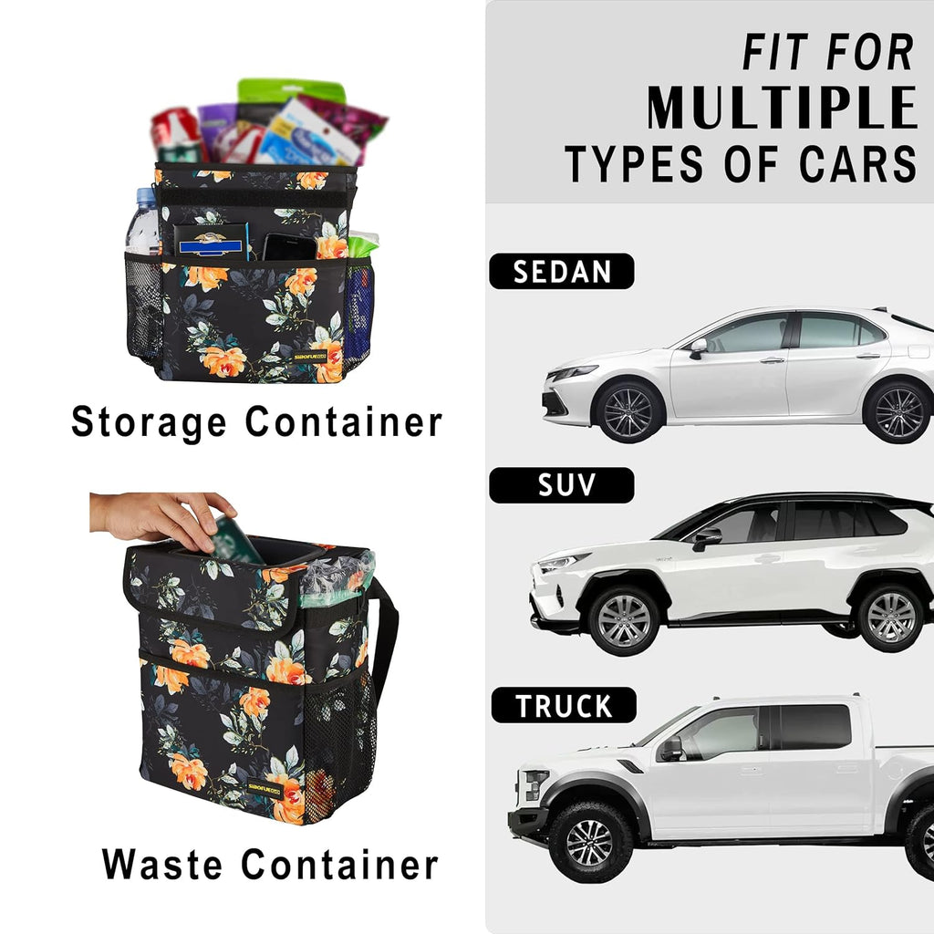 SIBOFUEGO Cute Car Trash Can with Lid - Leak Proof Hanging Waterproof Garbage Can with Storage Pockets Multipurpose Collapsible Car Organizer (Flower)