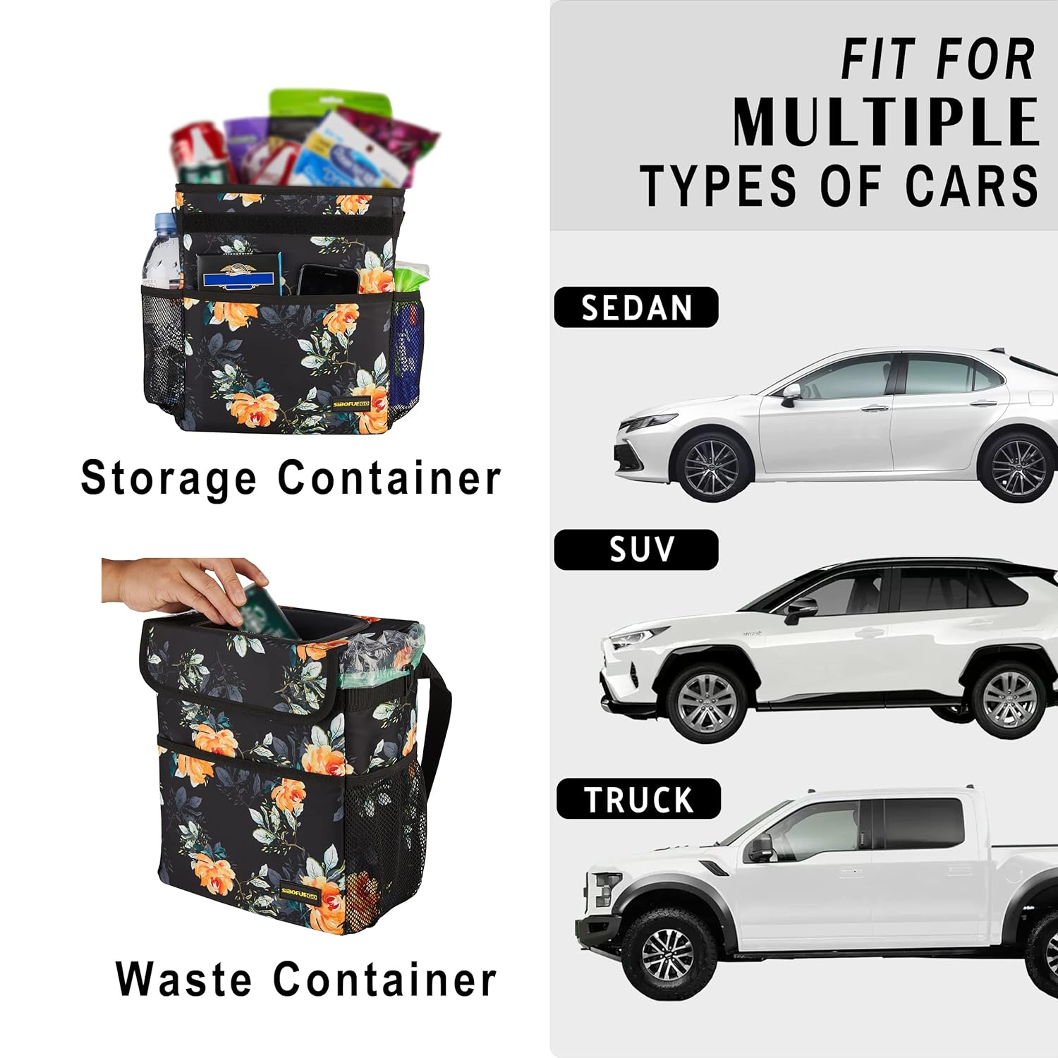 SIBOFUEGO Cute Car Trash Can with Lid - Leak Proof Hanging Waterproof Garbage Can with Storage Pockets Multipurpose Collapsible Car Organizer (Flower)