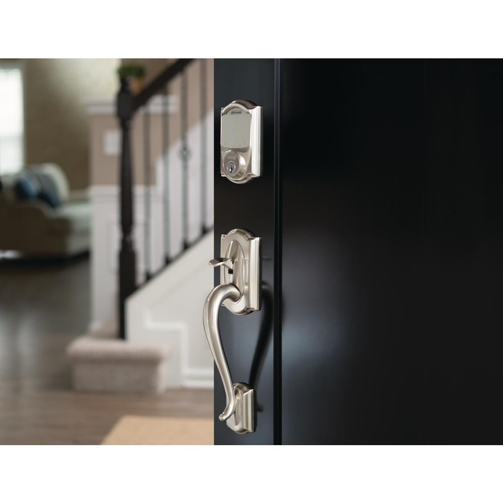 Camelot Satin Nickel Sense Smart Door Lock with Right Handed Flair Lever Door Handleset
