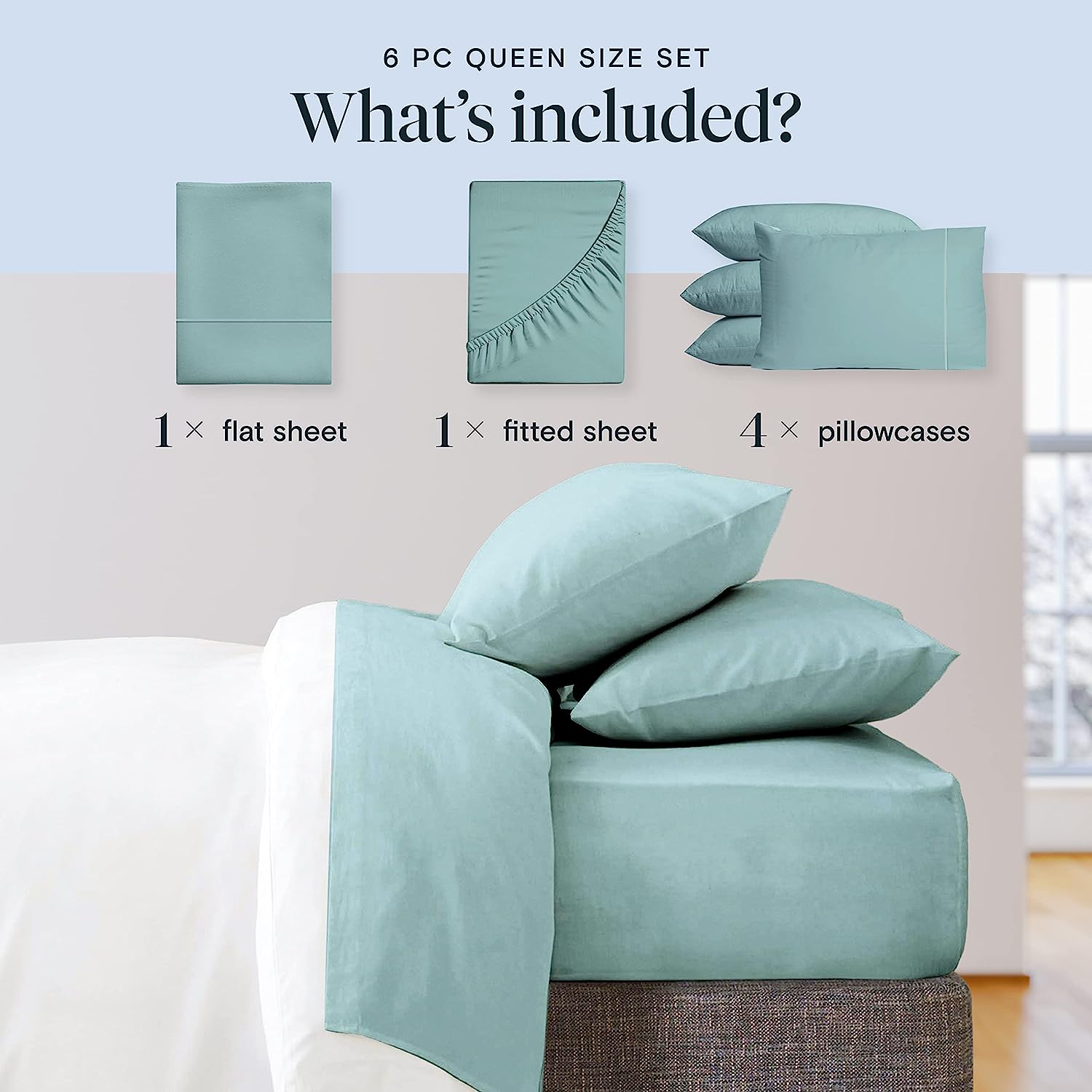LuxClub 6 PC Queen Sheet Set Bamboo Sheets Deep Pockets 18" Eco Friendly Wrinkle Free Cooling Sheets Machine Washable Hotel Bedding Silky Soft - Light Teal Queen