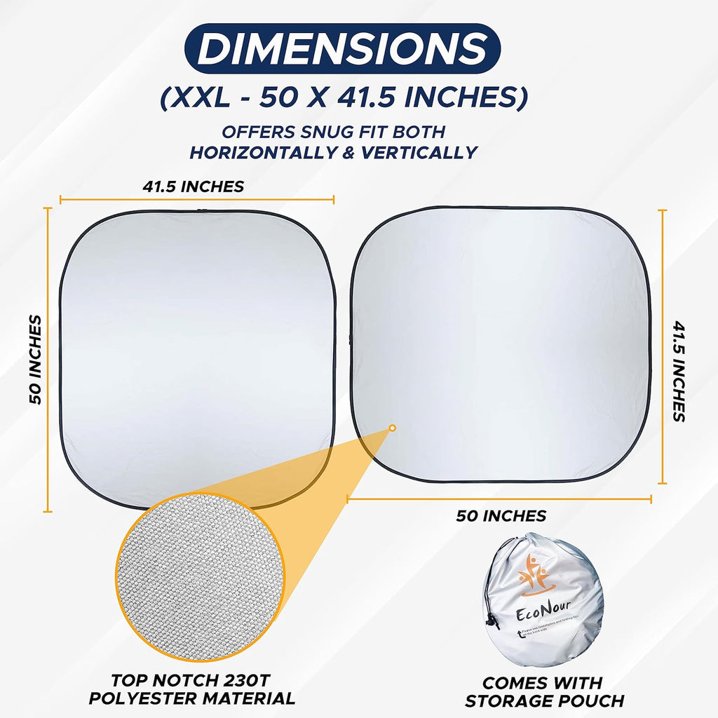 EcoNour 2-Piece Foldable Spring RV Windshield Sunshade, Reflective 230T Nylon Keeps Your RV Cool, Front RVs, Trucks, Motorhomes, Large Bus, Large Side Window, XXL (Each 41.5 in x 50 in)