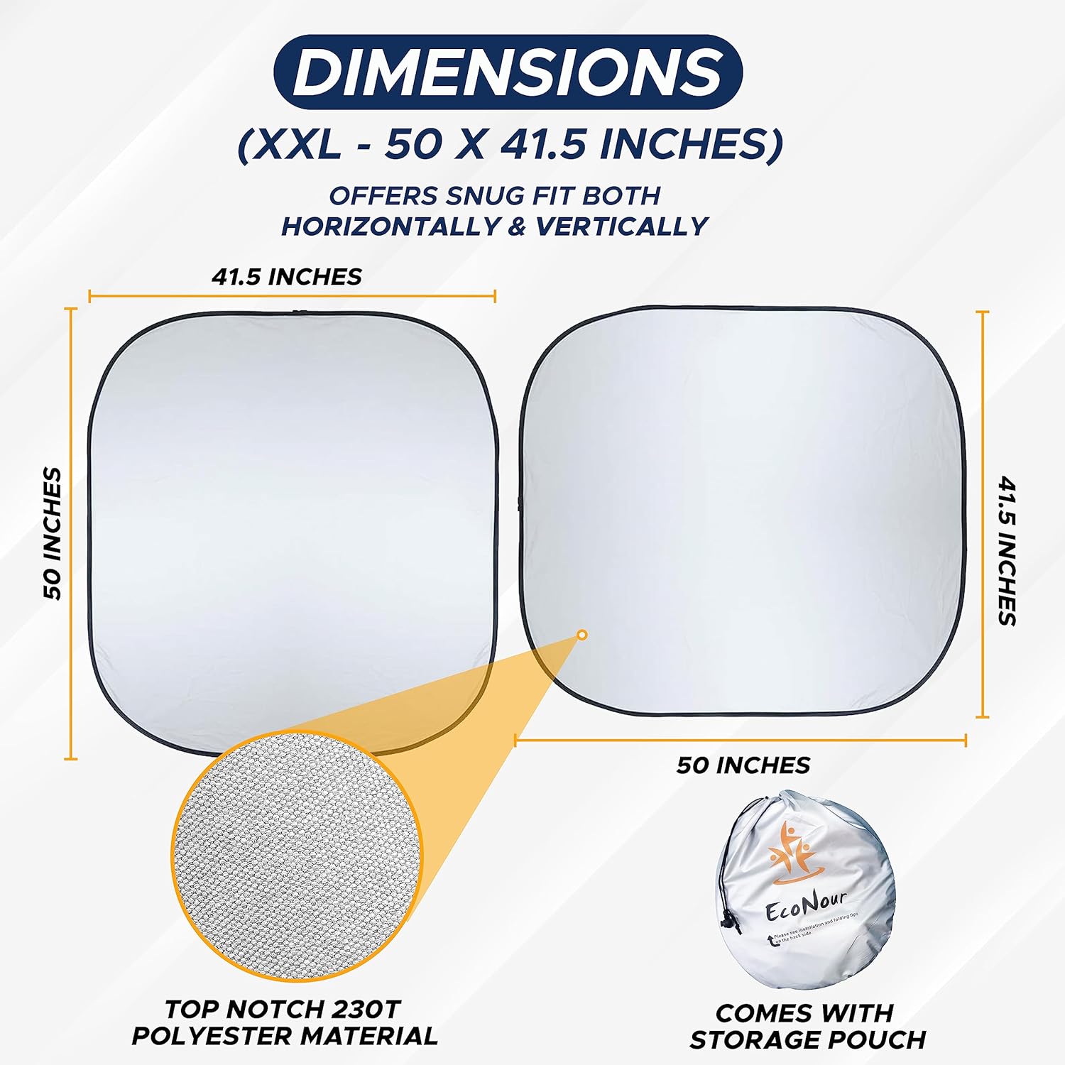 EcoNour 2-Piece Foldable Spring RV Windshield Sunshade, Reflective 230T Nylon Keeps Your RV Cool, Front RVs, Trucks, Motorhomes, Large Bus, Large Side Window, XXL (Each 41.5 in x 50 in)