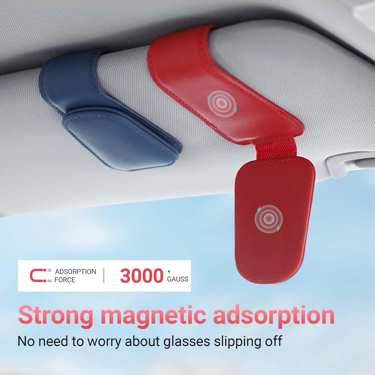Sunglass Holder for Car Visor Sunglasses Clip Magnetic Leather Glasses Eyeglass Holder Interior Car Accessories for Woman Man - 2 Packs Red