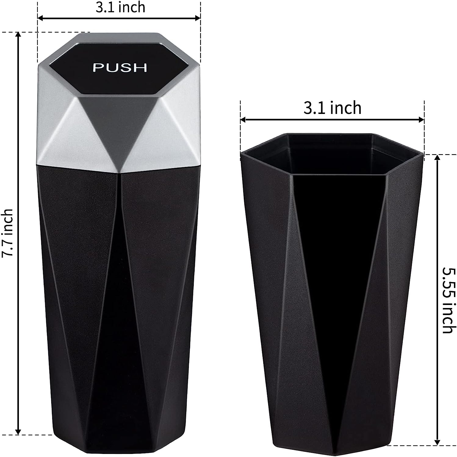 JUSTTOP Car Trash Can with Lid, Diamond  Small Automatic Portable Trash Can, Easy to Clean, Used in Car Home Office Interior Accessories, 2PCS(Silver)