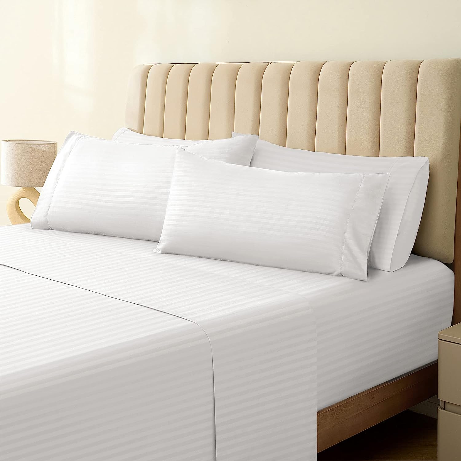 LuxClub Striped Sheets Set, 4 PC Striped Bed Sheets Set Twin Size for Boys and Girls, Deep Pockets 18" Eco Friendly Wrinkle Free Kids Fitted Sheets Machine Washable Hotel Bedding (Twin XL, White)