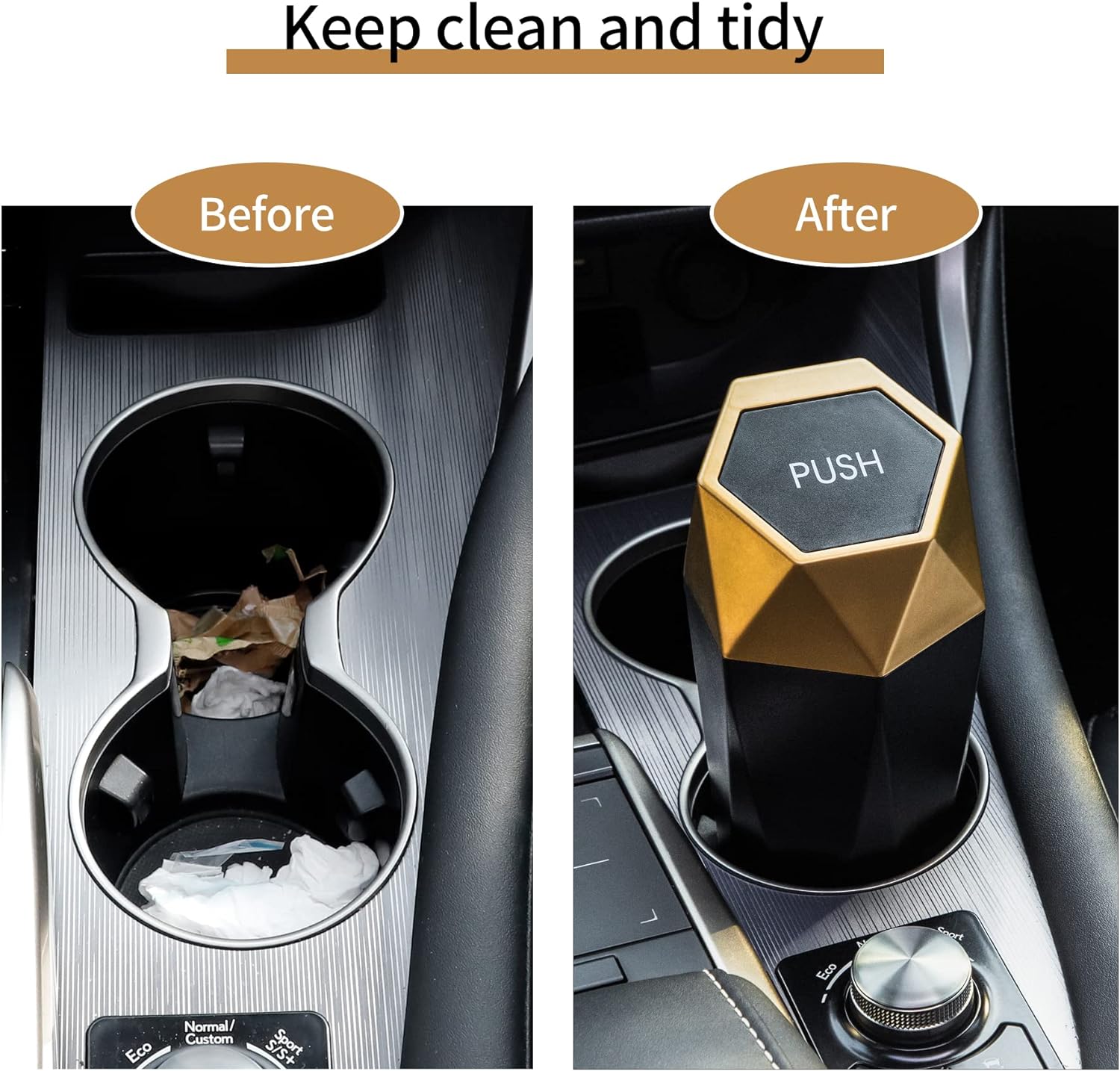 JUSTTOP Car Trash Can with Lid, Diamond  Small Automatic Portable Trash Can, Easy to Clean, Used in Car Home Office Interior Accessories, 2PCS(Gold)